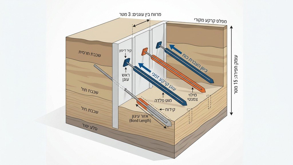 עוגני קרקע זמניים המותקנים באתר בנייה אורבני
