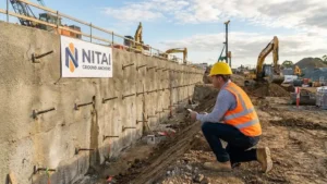 מהנדס מבצע בדיקת עוגני קרקע באתר בנייה
