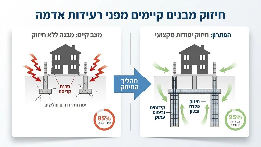 חיזוק יסודות של בניין מגורים ישן מפני רעידות אדמה בפרויקט תמ