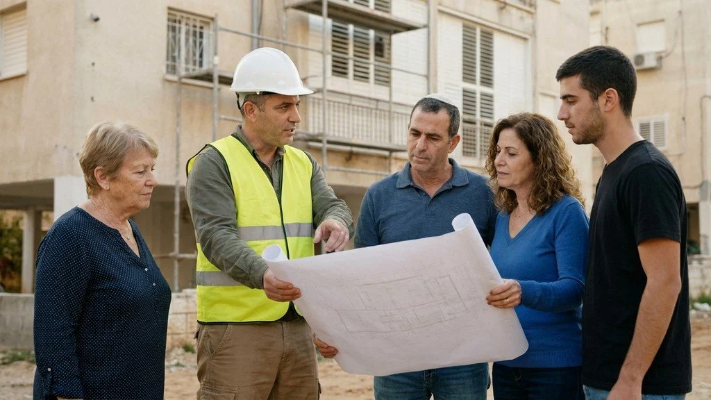 מהנדס אזרחי מסביר לדיירים על תוכניות העבודה של פרויקט חיזוק המבנה