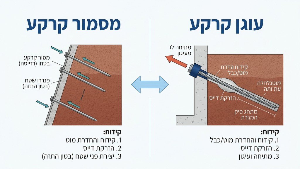 מוטות פלדה וכבלי עיגון מוכנים להחדרה לקרקע